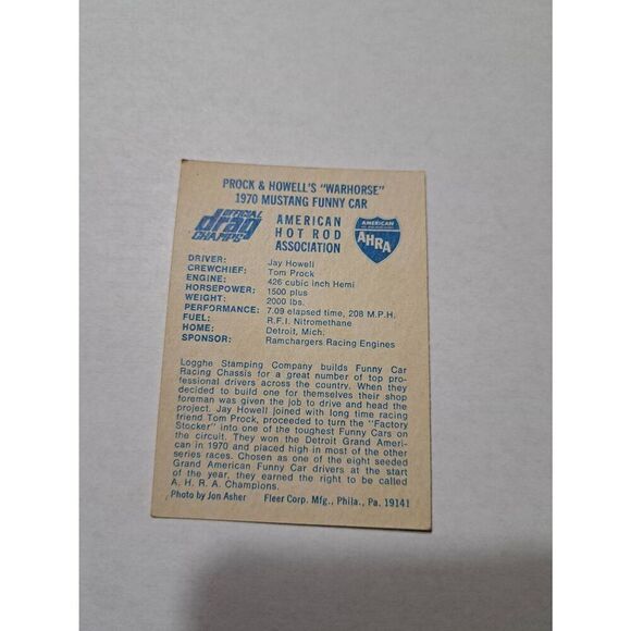 Vintage 1971 Prock Howell Warhorse 1970 Mustang Funny Car Fleer Trading Card - Picture 2 of 2